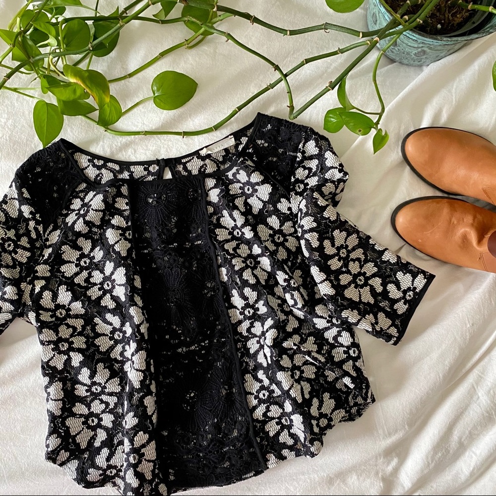 LUSH Black & White Flower Embroidered Top